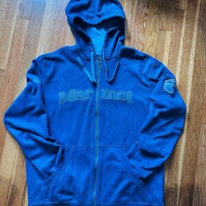 Marmot Women’s Large Blue Hooded Zip Jacket Cotton Blend Lightweight Pockets